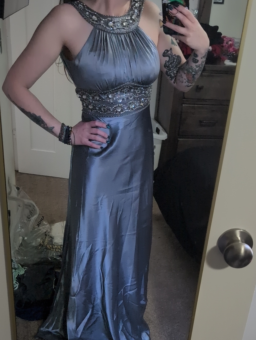 Bee Darlin Silver Satin Embellished Halter Prom Gown with Cutout Back